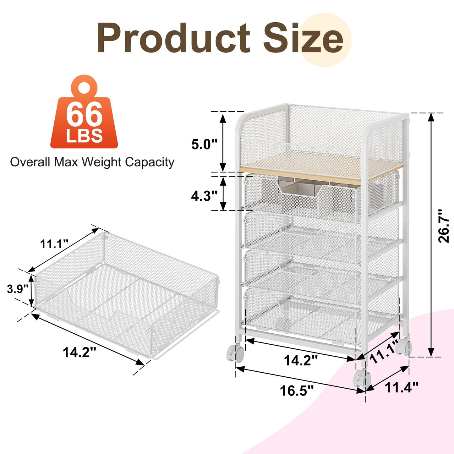 Hongtamoya Makeup Cart Organizer with 4 Drawers, Large Floor Skincare Organizers, Vanity Storage Organizer Cosmetics Display Cases for Skin Care Perfume Nail Polish, White