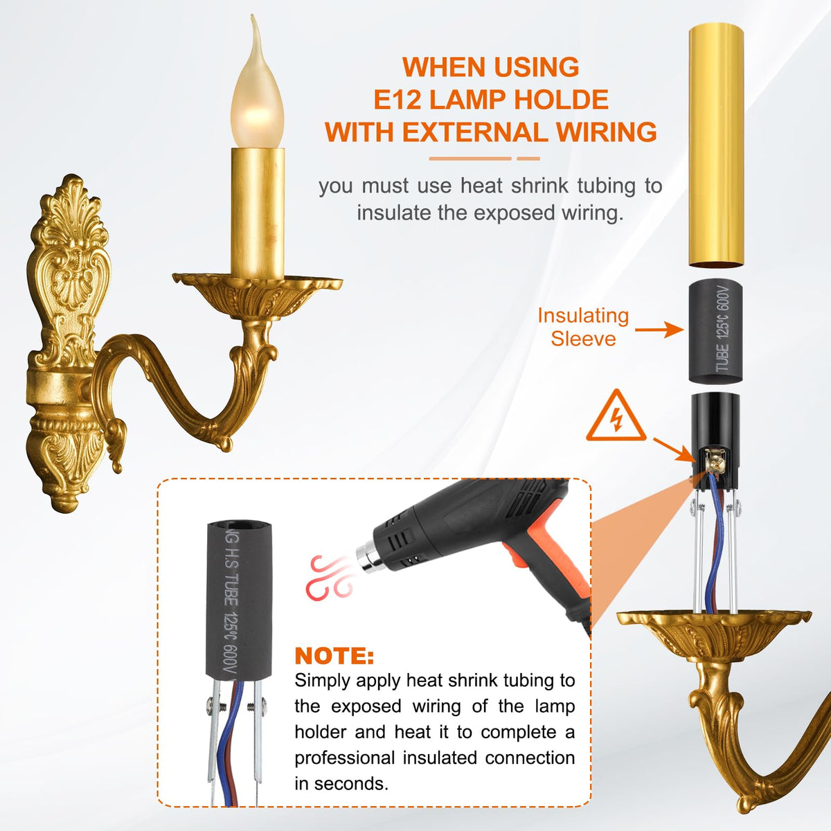 PATIKIL 3.5" Tall Candle Covers Sleeves, 6Pcs Metal E12 Chandelier Socket Sleeves with Insulation Heat Shrinkable Flame Retardant Tube Bulb Light Base Holder for Lamps, Golden