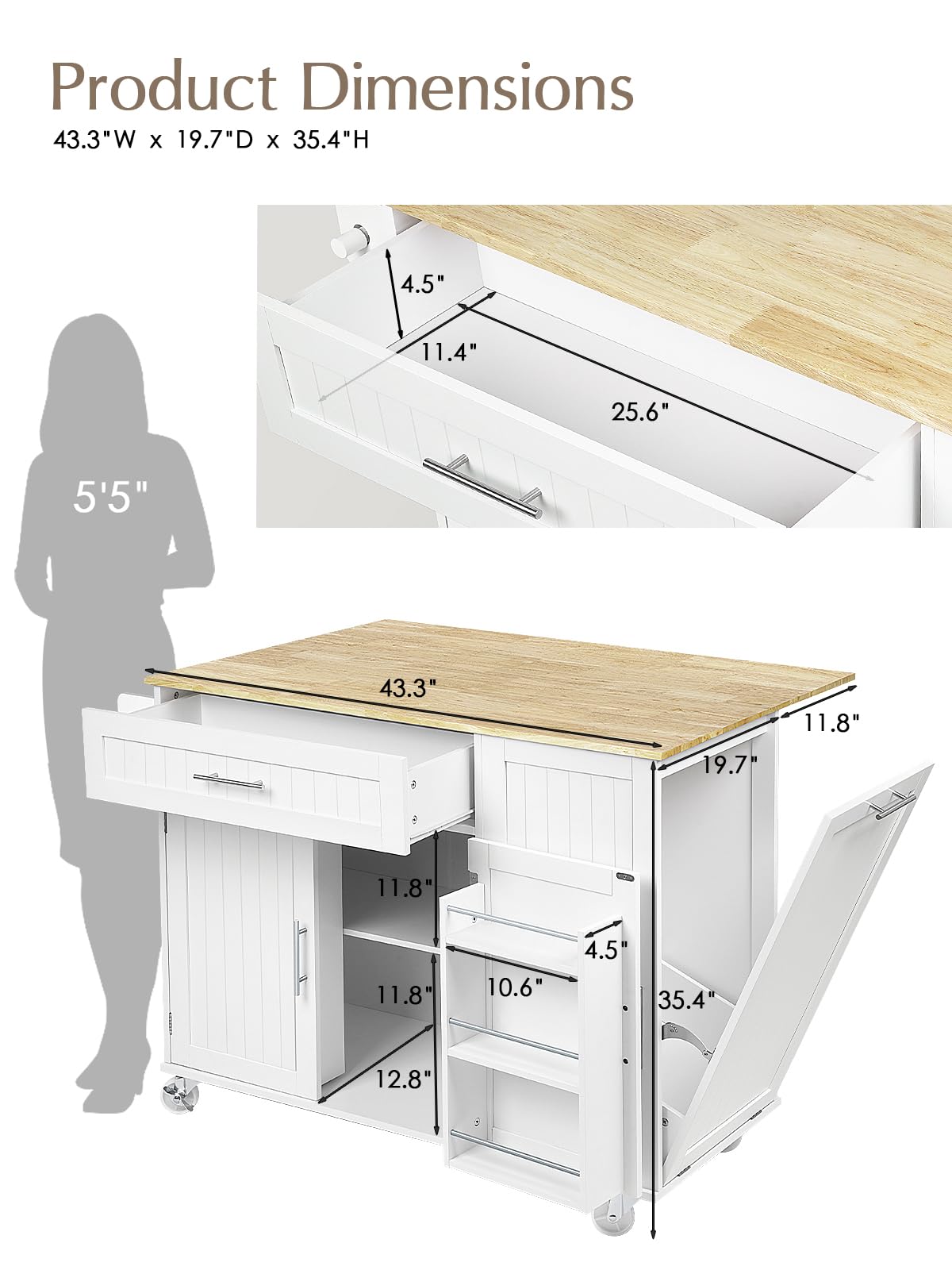 OtterOasis Kitchen Island with Storage, 43.3" Rolling Kitchen Island Cart on Wheels with Wide Drop Leaf Rubberwood Top, Large Mobile Island Table with Trash Can Storage and Towel Bar, White
