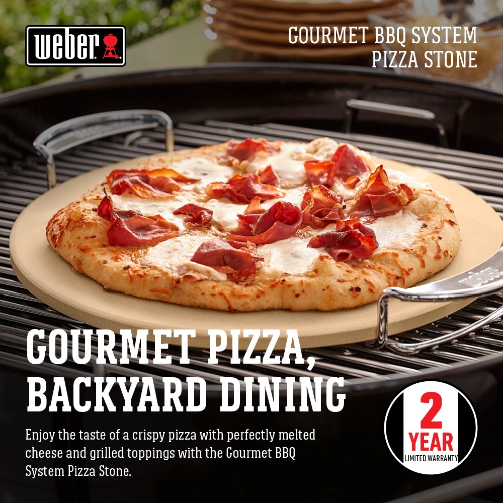 Weber Gourmet BBQ System Pizza Stone with Carry Rack, 16.7" – Cordierite Stone for Crispy Pizza on Weber Grills - Grill Accessories