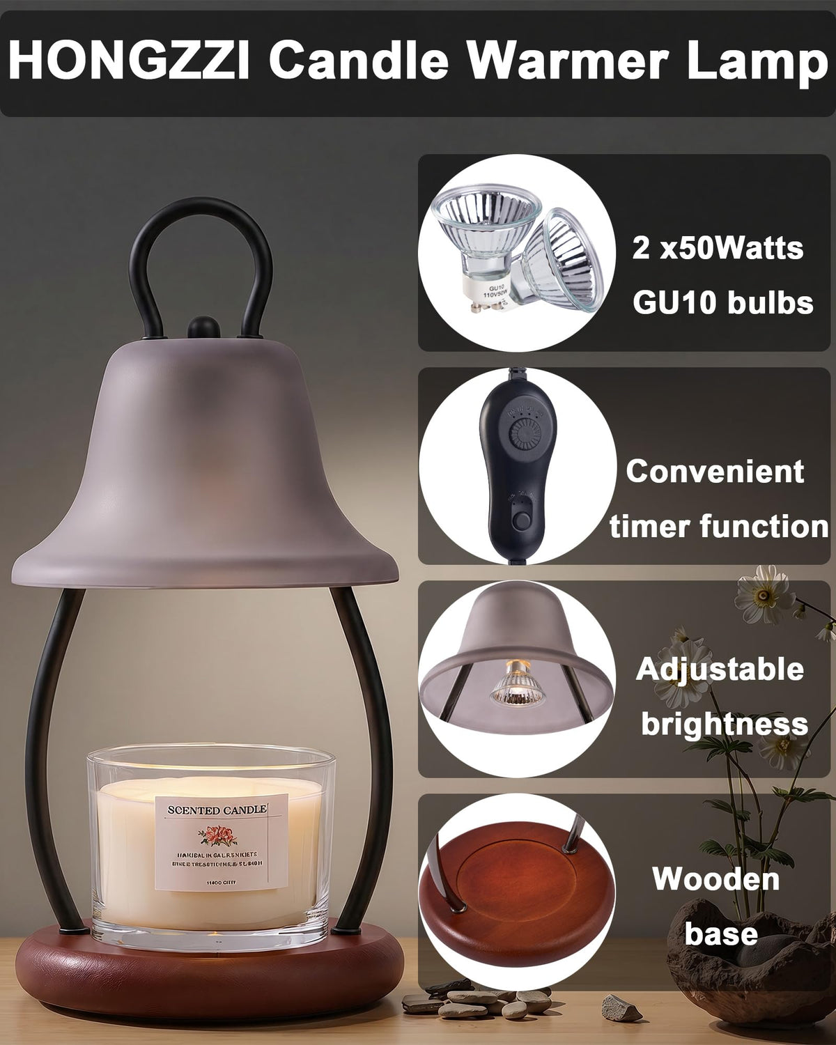 HONGZZI Candle Warmer Lamp with Timer, Dimmable, Adjustable Height, Black