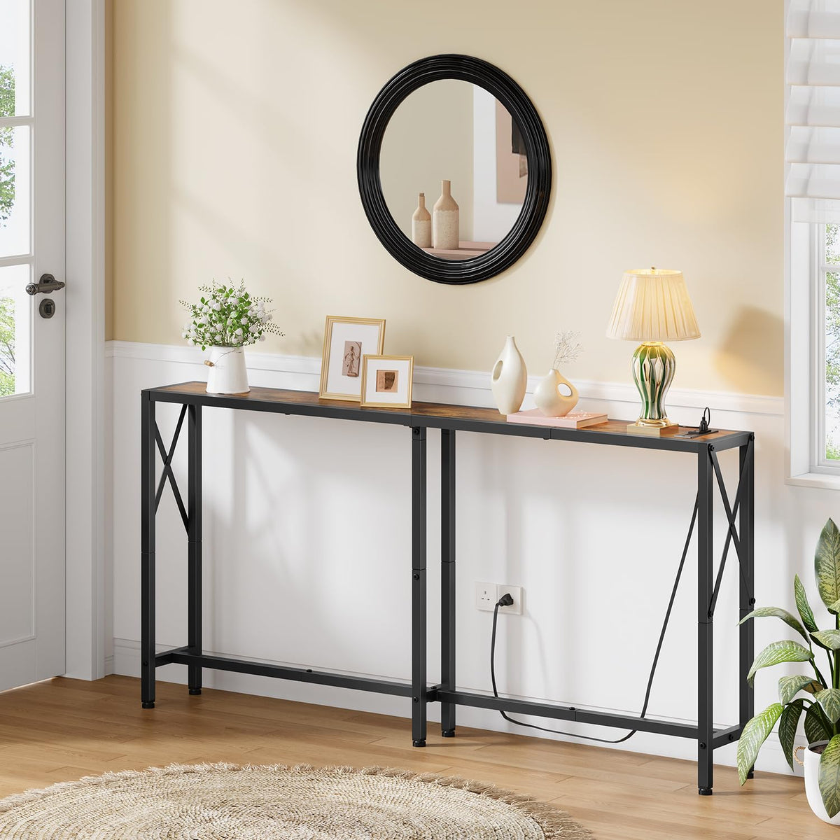 Gewudraw Narrow Console Table - 55.1" Sofa Table Behind Couch with Socket