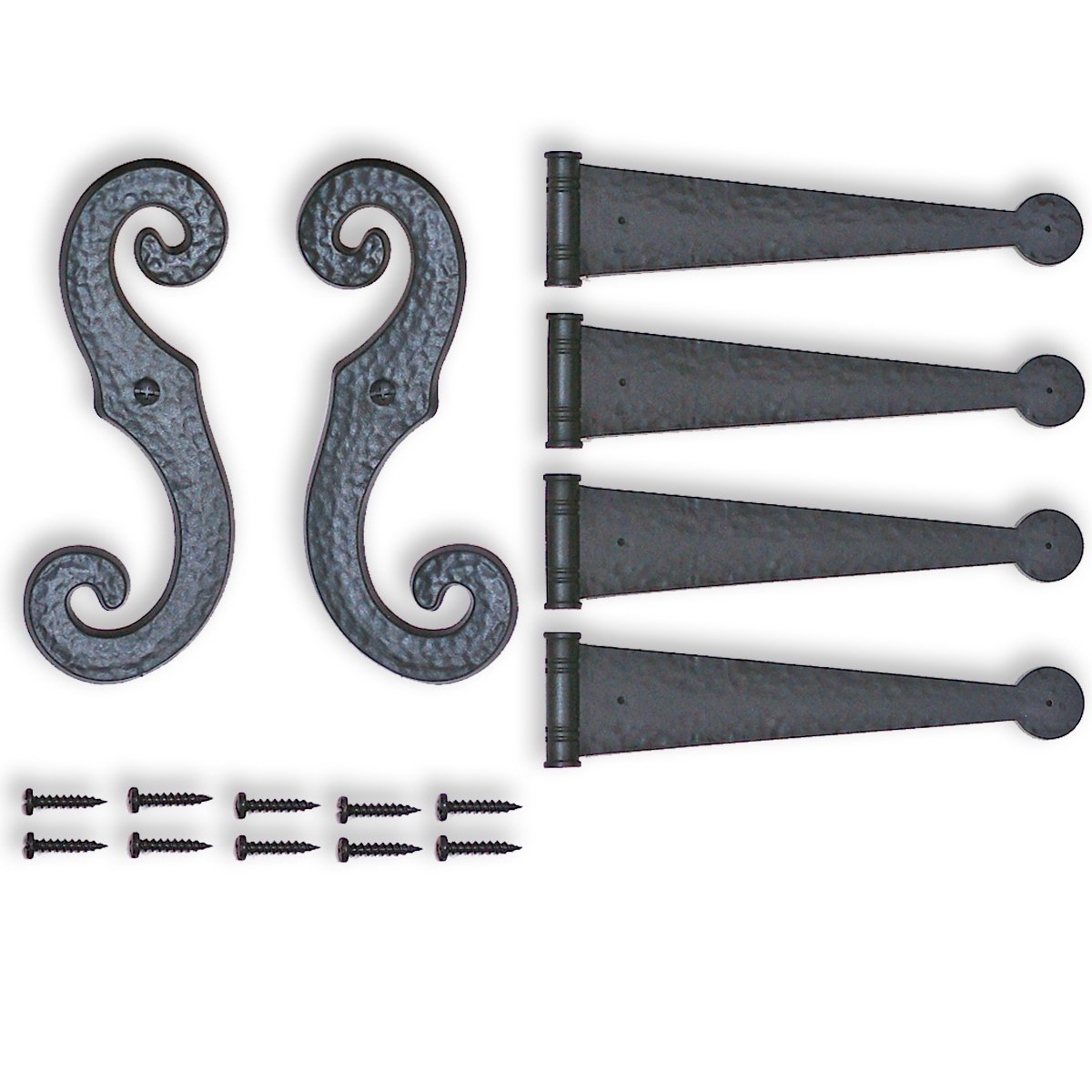 Decorative Hinges & S-Holdback Hooks for Exterior Shutters, Black Set