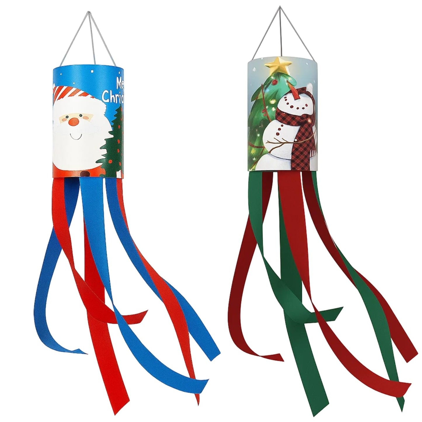 2 PCS Christmas Windsocks Outdoor, Set of 2 Holiday Decorations for Porch and Yard, Festive Fabric Windsock with Classic Designs
