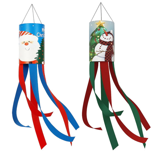2 PCS Christmas Windsocks Outdoor, Set of 2 Holiday Decorations for Porch and Yard, Festive Fabric Windsock with Classic Designs