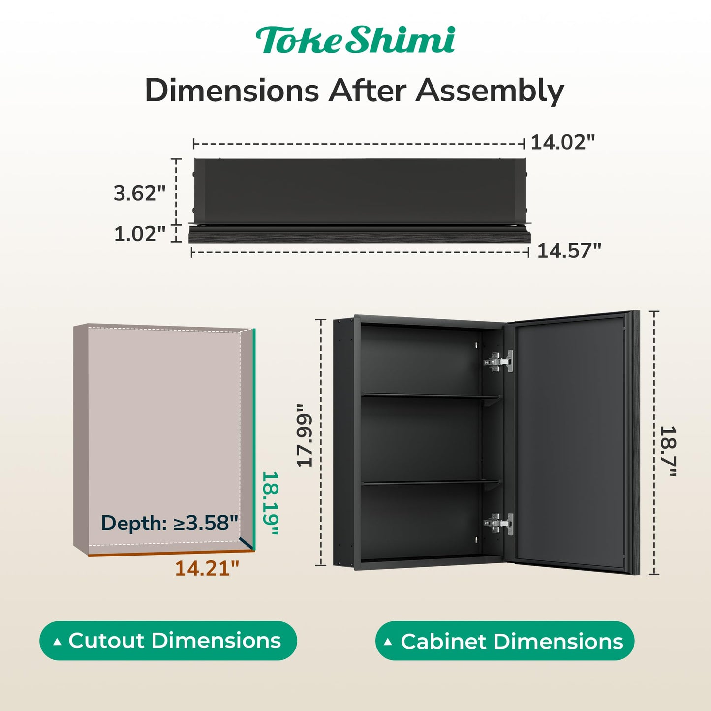 TokeShimi 14 x 18 Recessed Medicine Cabinet, Assembly Required, Black Bathroom Medicine Cabinet with Mirror, Stepless Adjustable Shelves, Tempered Glass, Beveled Aluminum Frame