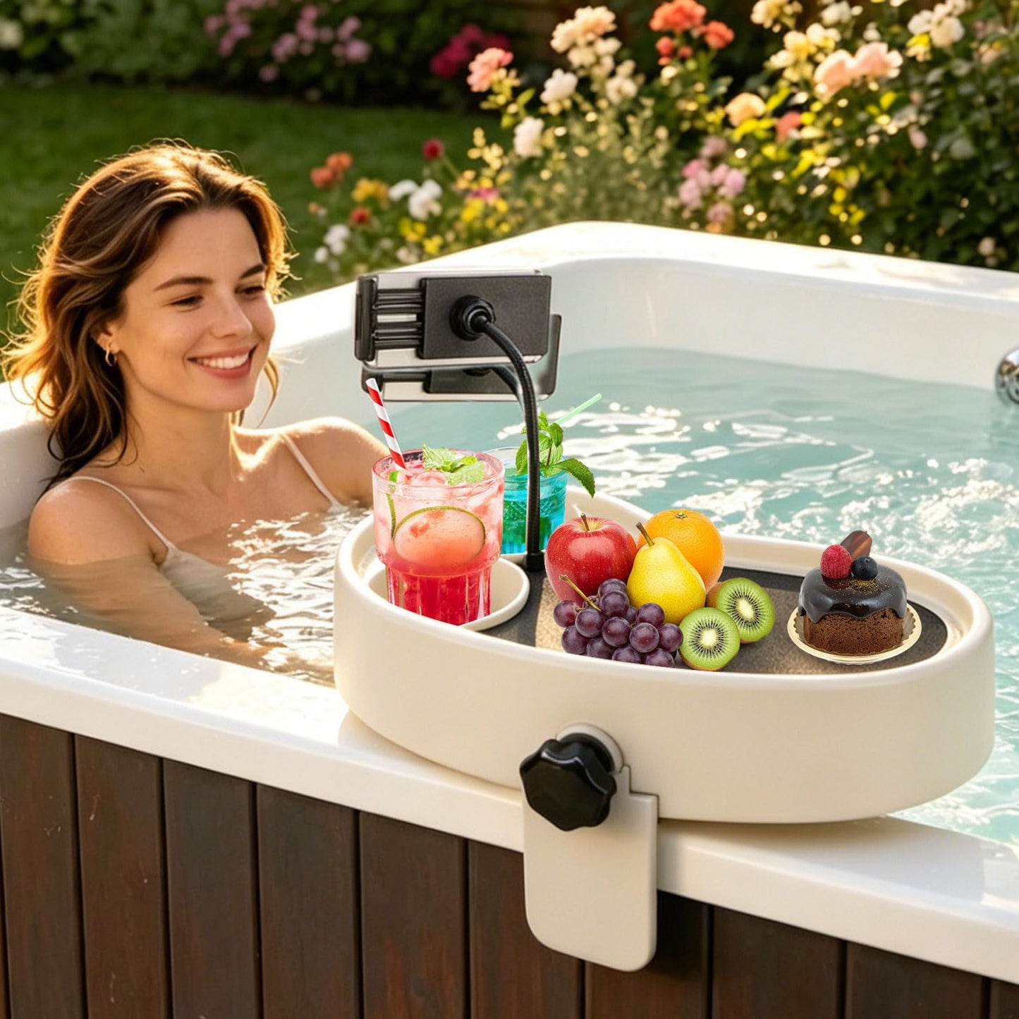 Hot Tub Table Tray with Adjustable Phone Holder, Nonslip Bathtub Table Tray Between 2.4-7.4" Hot Tub Accessories for Adults with 2 Cup Holders, Clip-on Pool Side Table for Above Ground Bathtub (Beige)