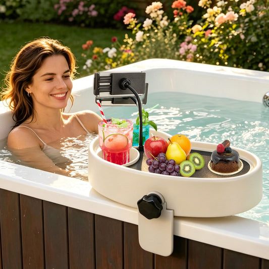 Hot Tub Table Tray with Adjustable Phone Holder, Nonslip Bathtub Table Tray Between 2.4-7.4" Hot Tub Accessories for Adults with 2 Cup Holders, Clip-on Pool Side Table for Above Ground Bathtub (Beige)