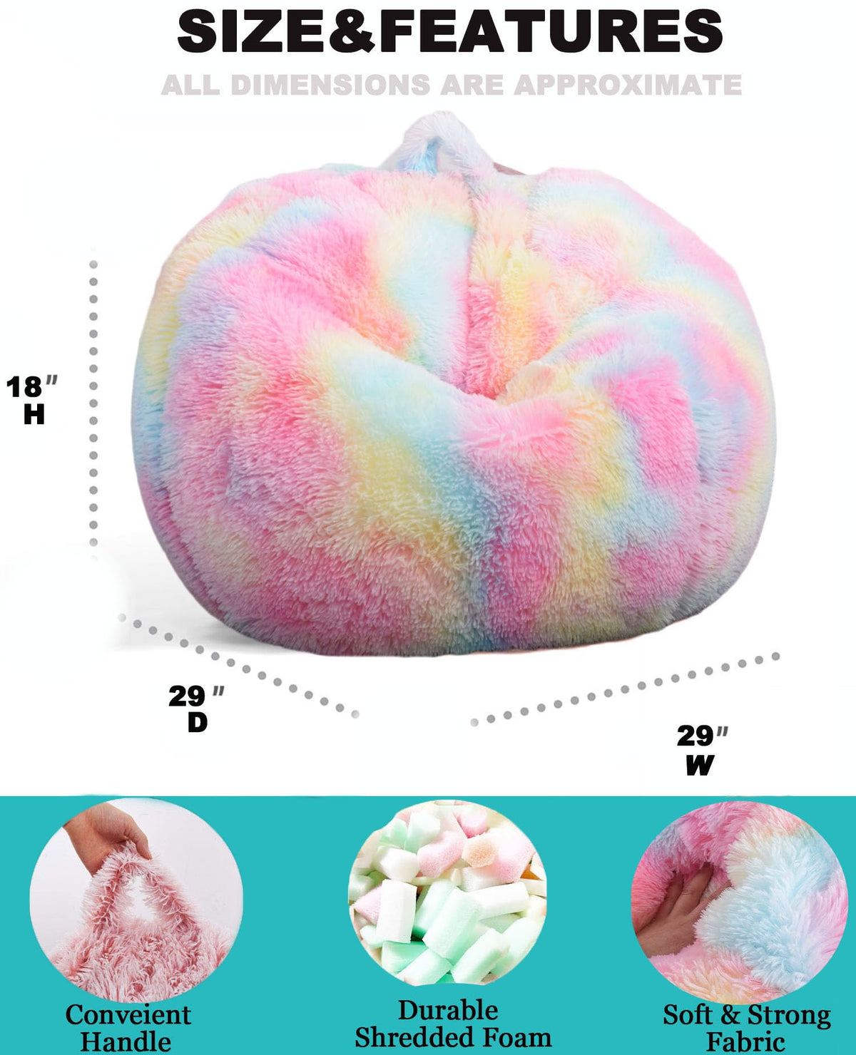 Fluffy Bean Bag Chair for Kids, 2.5FT Round Memory Foam Filled Bean Bag for Teens & Kids, Ultra Soft Faux Fur Fabric Bean Bag Chairs for Playroom, Living Room, Bedroom, Rainbow