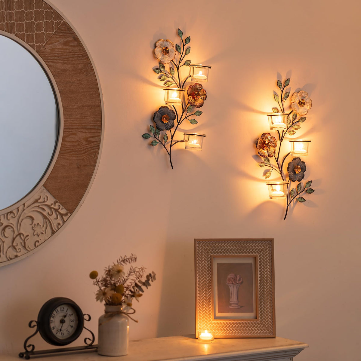 Sziqiqi Candle Sconces Wall Decor: Wall Candle Holder with 6 Tealight Glass