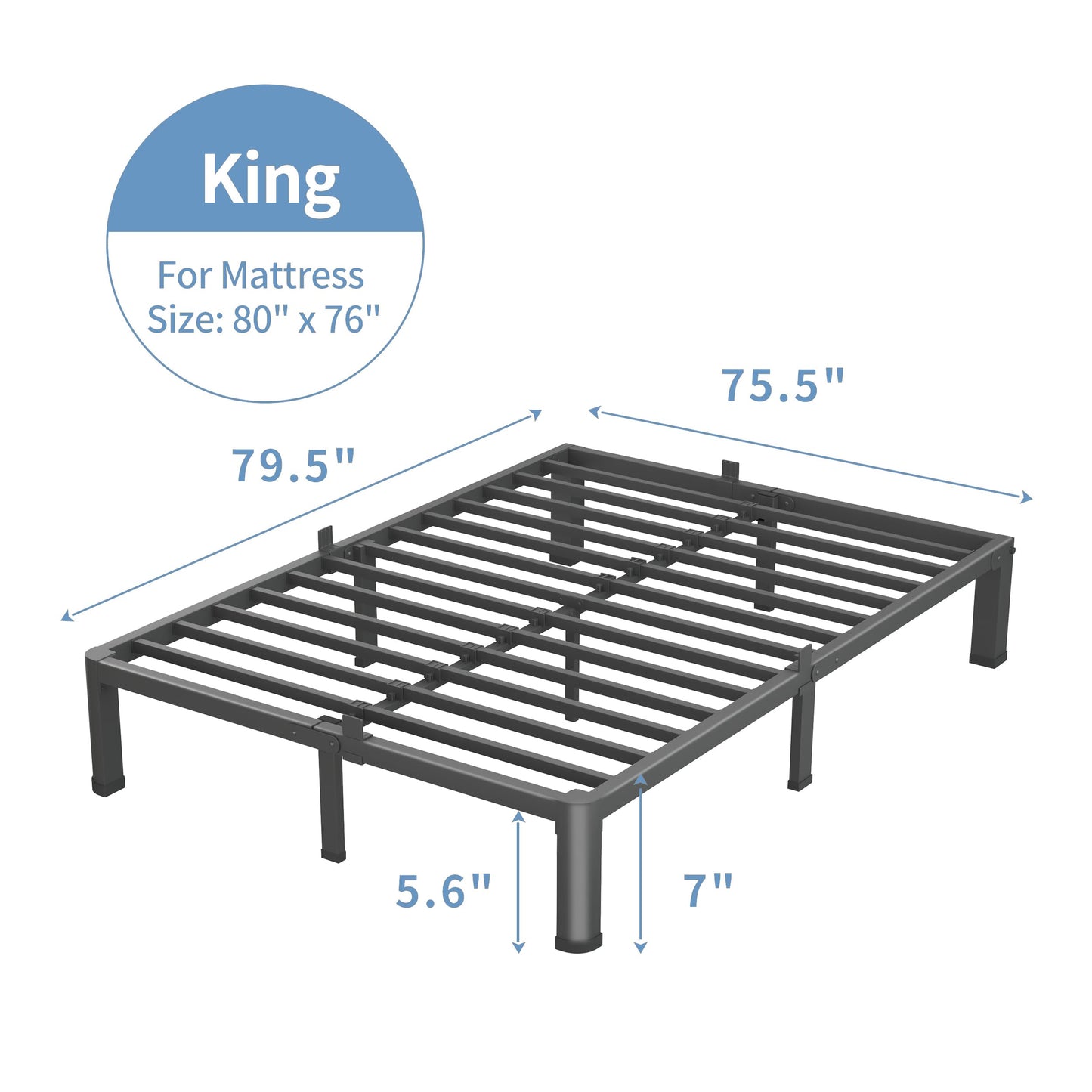 VIPSHOW 7 Inch King Size Bed Frame, 3500Lbs Heavy Duty Metal Platform with Round Corner Legs Mattress Slide Stopper, Steel Slat Support No Box Spring Needed, Noise Free, Non-Slip, Easy Assembly