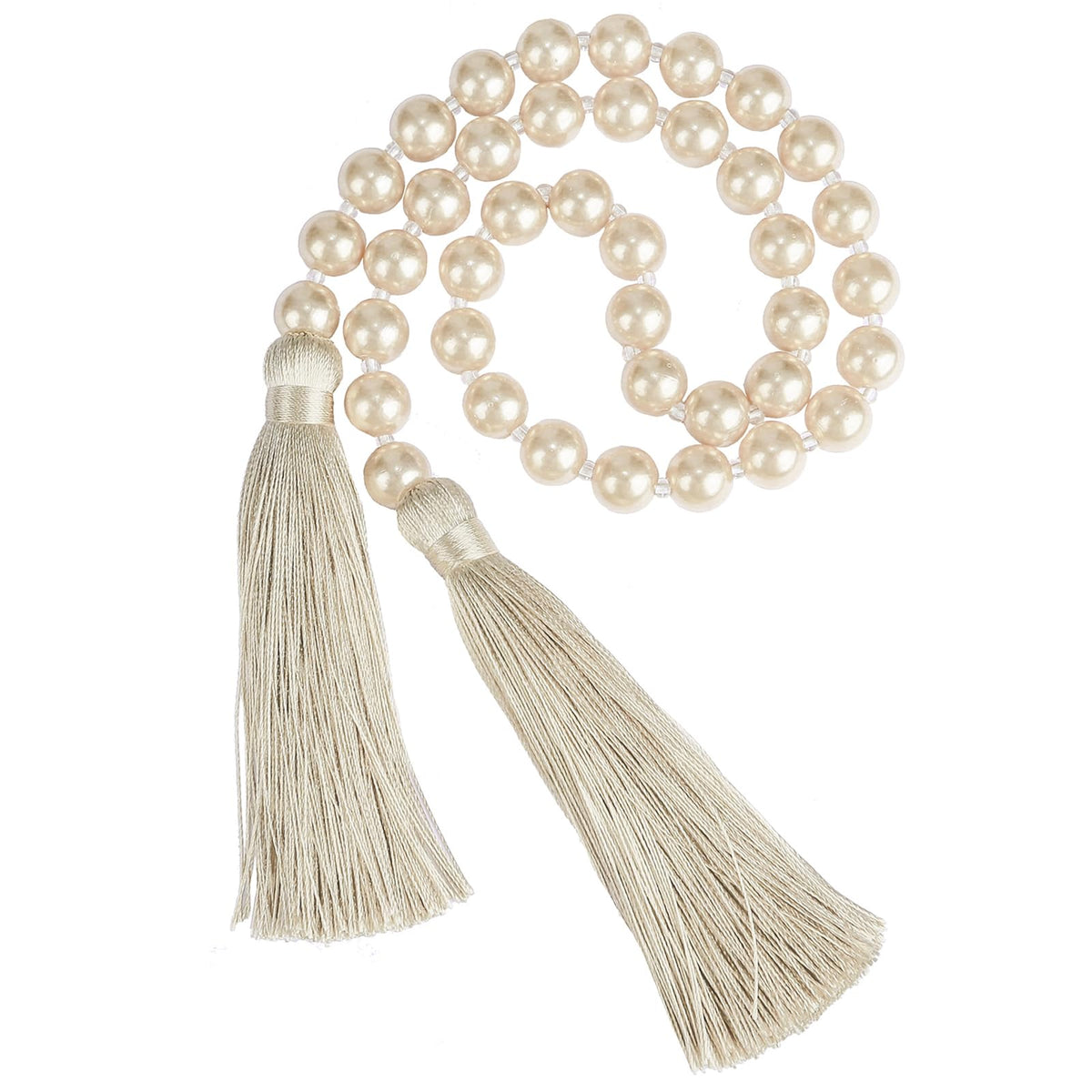 Fenghuangwu 34 Inch Pearl Glass Bead Garland with Tassels-1 Pack,Off White