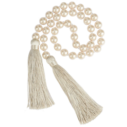 Fenghuangwu 34 Inch Pearl Glass Bead Garland with Tassels-1 Pack,Off White