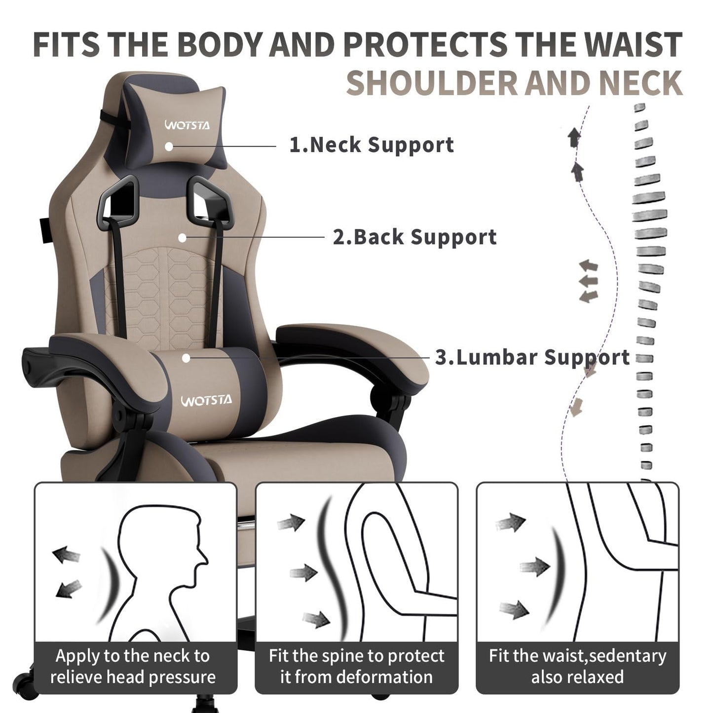 WOTSTA Gaming Chair with Massage,Ergonomic PC Gaming Chair with Footrest Comfortable Headrest and Lumbar Support, High Back, 300LBS (Grey)
