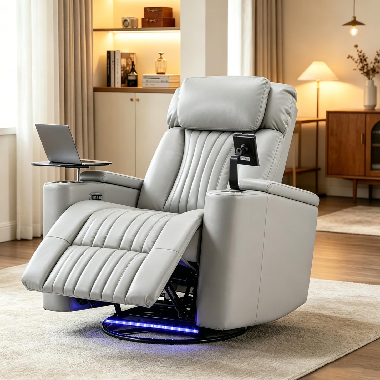 COSYTREE Home Theater Seating Power Recliner Chair, 270°Swivel PU Leather Theater Recliner with LED Ambient Lights, 360°Rotating Tray Table,USB Charging,Cup Holders & Hidden Arm Storage, Light Gray