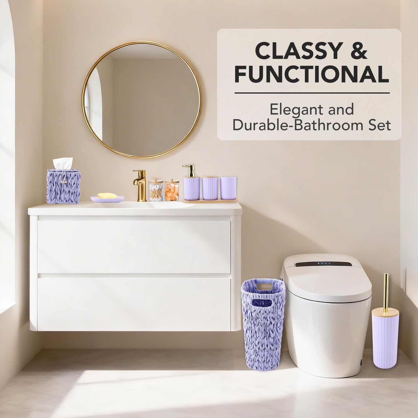Bathroom Accessory Set, 10 Pieces Bath Set Purple 4 Gallon Wicker Trash Can