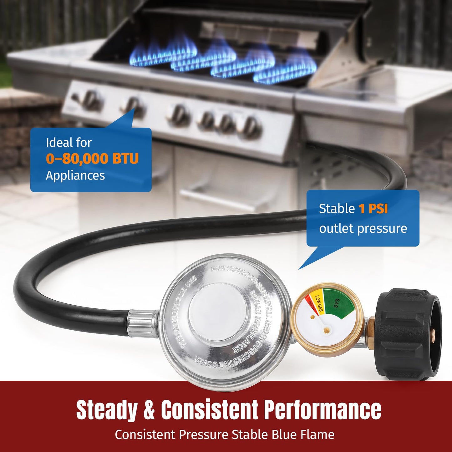 SHINESTAR 3.5FT Propane Regulator with Hose and Gauge, Universal Gas Grill Regulator and Hose Replacement Part for Blackstone 28"/36" Griddle, Weber/Charbroil/Nexgrill Grill, Patio Heater and Fire Pit