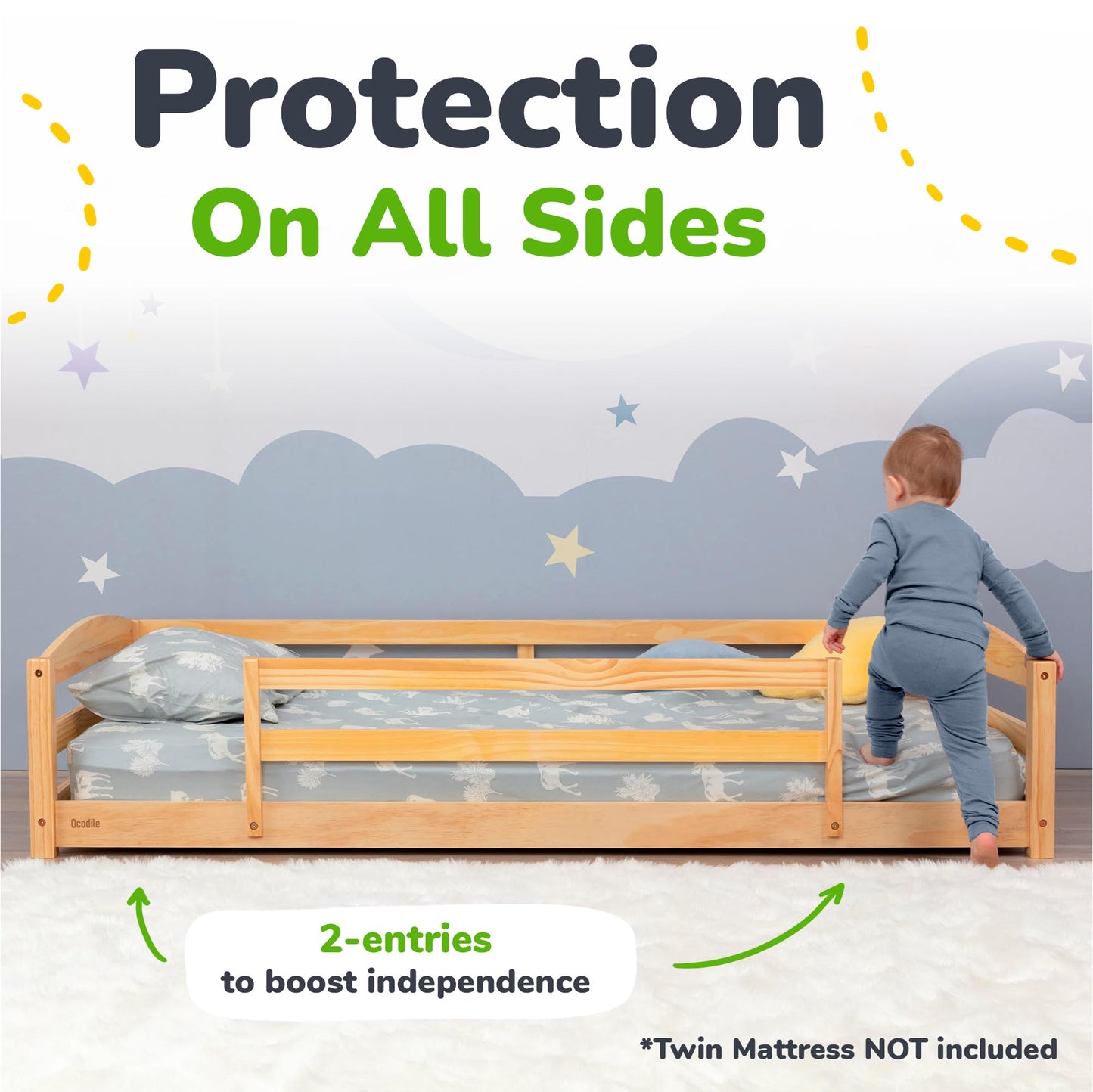 Ocodile Twin Floor Bed with Safety Guardrails for Kids, Montessori Inspired with Rails and 2 Openings, Twin Size Bed Frame for Girls and Boys - Varnished