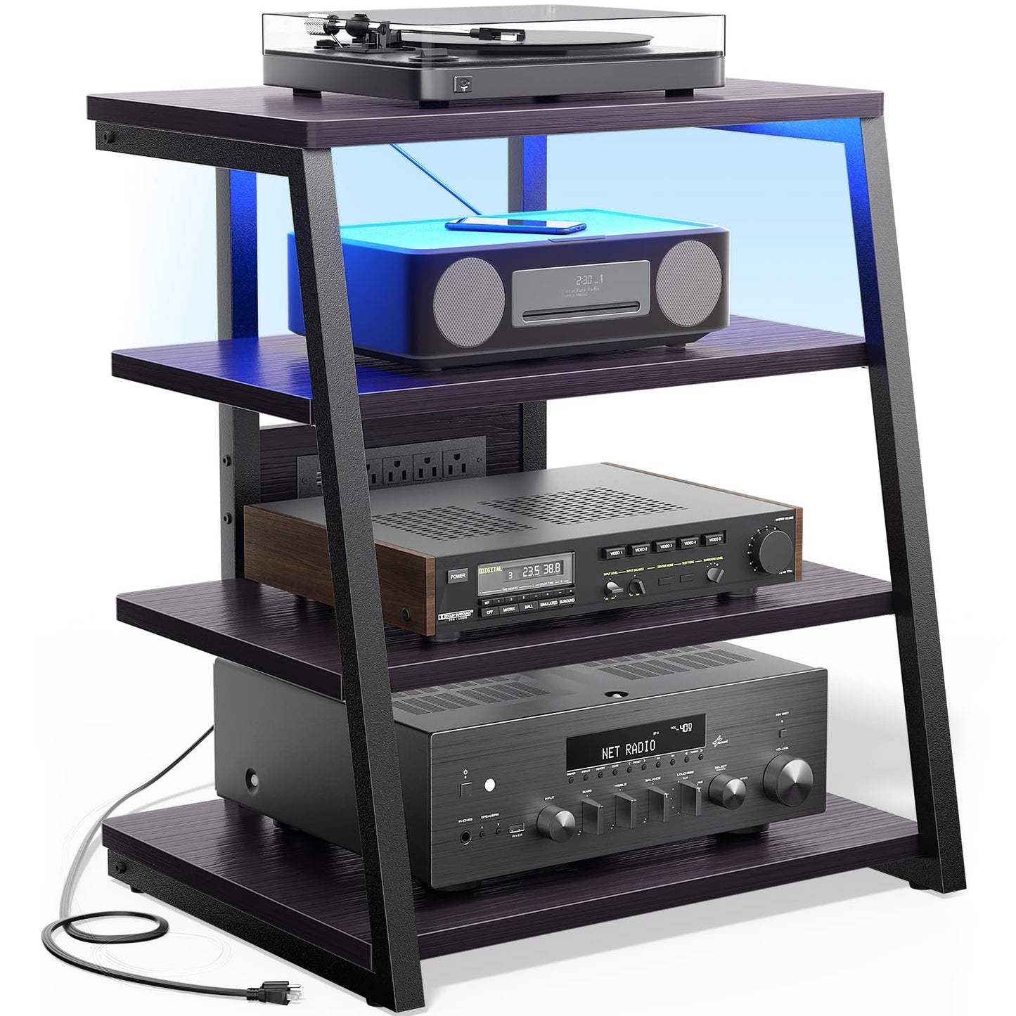 Besiost AV Media Stand with Outlets, Media Console with LED Lights, Stereo Racks and Stands with Storage Shelves, Media Audio Tower Cabinet, Black Enoby