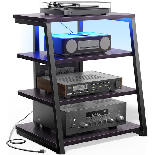Besiost AV Media Stand with Outlets, Media Console with LED Lights, Stereo Racks and Stands with Storage Shelves, Media Audio Tower Cabinet, Black Enoby