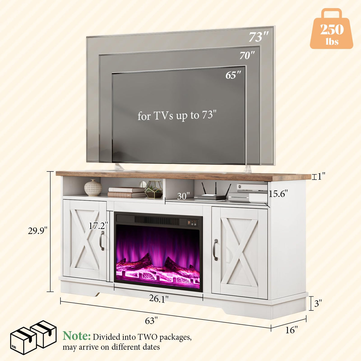 AMERLIFE Farmhouse Living Room Table Set with 63 Inch Fireplace TV Stand