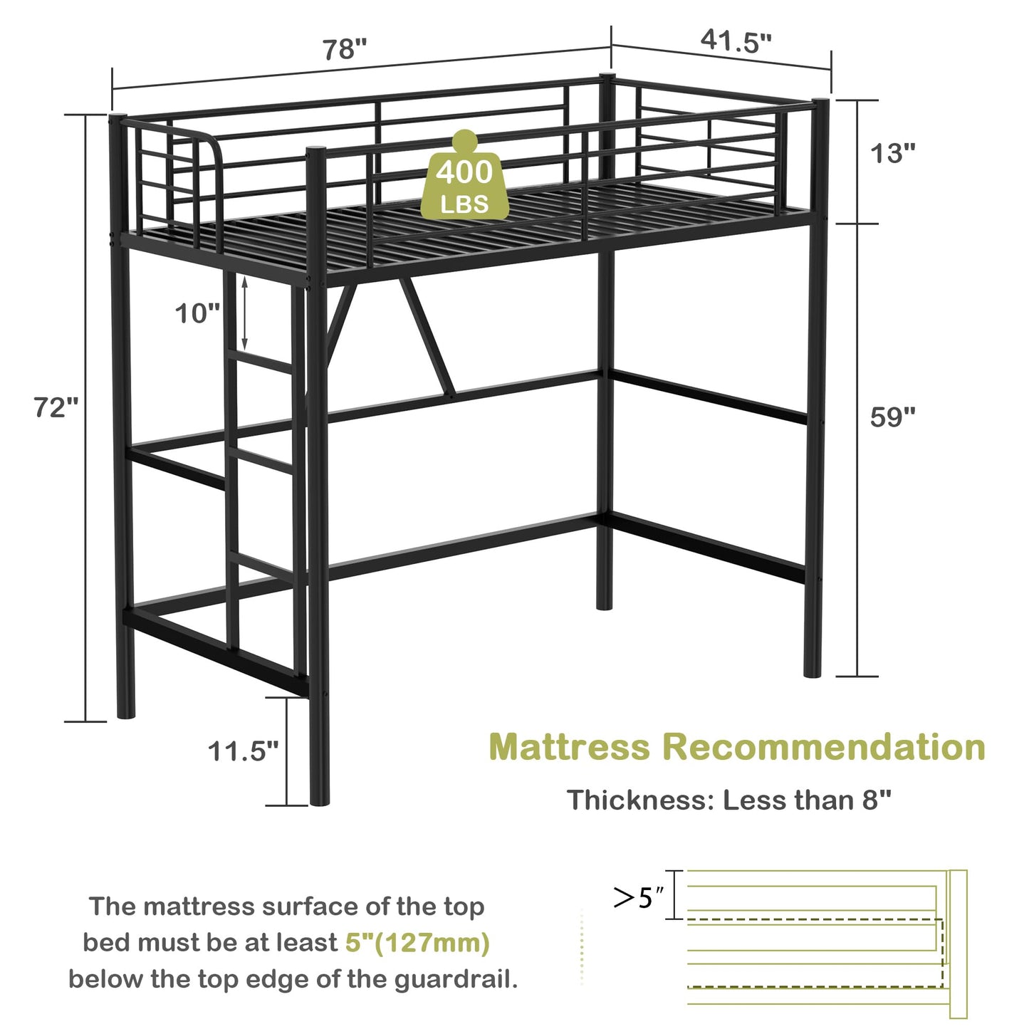 VECELO Metal Loft Bed Twin Size, Heavy Duty Bedframe with Removable Ladder and Safety Guardrail, Space-Saving, Noise Free, No Box Spring Needed, Matte Black