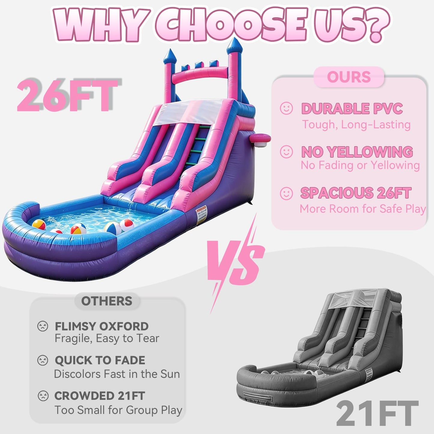 HESMAX 26FT(L) Commercial Water Slide for Adults Kids, 100% PVC Inflatable Water Slide with Pool & 950W Blower for Kids Backyard Outdoor Summer Party - Purple