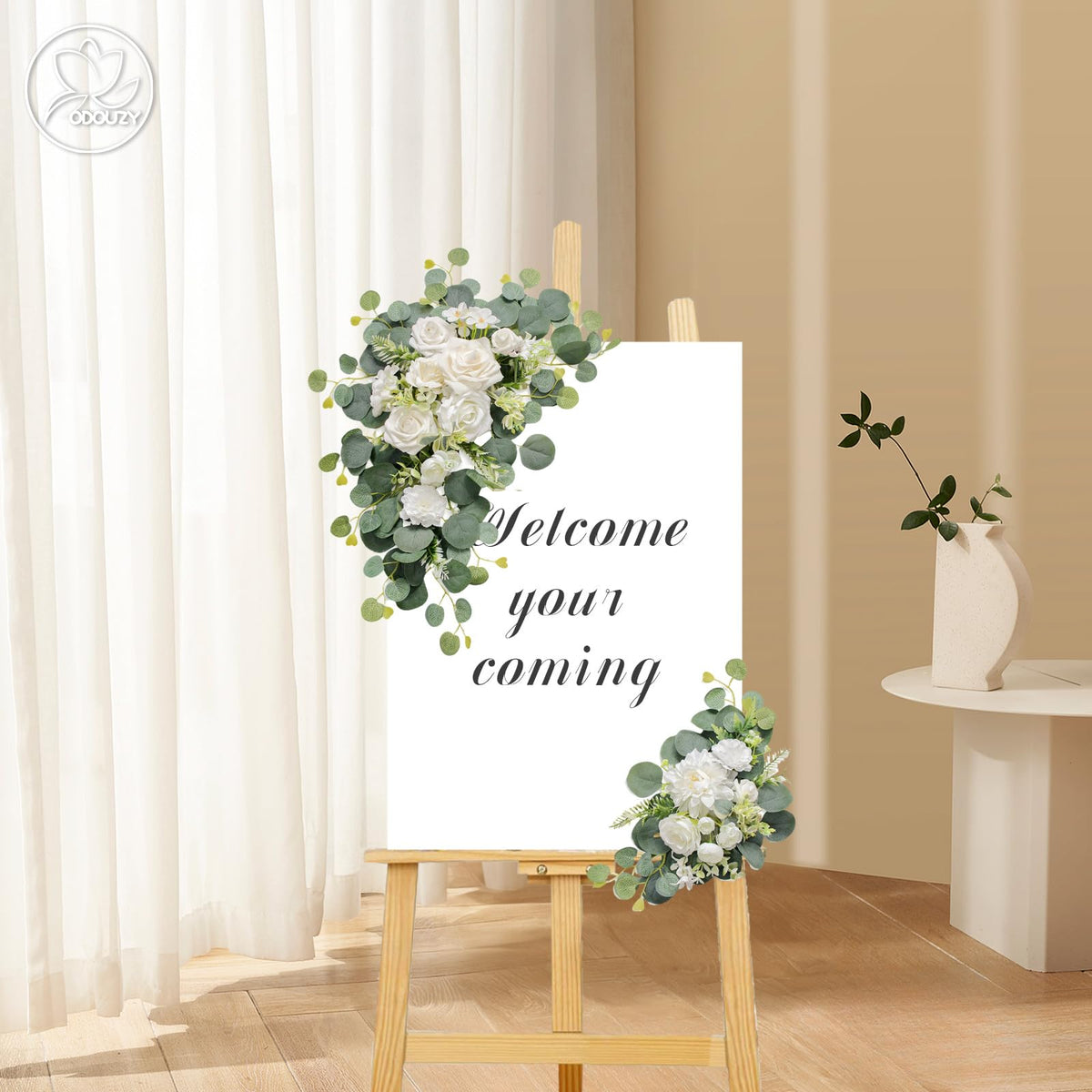 Odouzy Artificial Wedding Arch Flowers for Wedding Sign,Set of 2 for Welcome Ceremony Sign,Faux Floral Swags,Wedding, Banquet and Reception Backdrop Floral Decoration (White)
