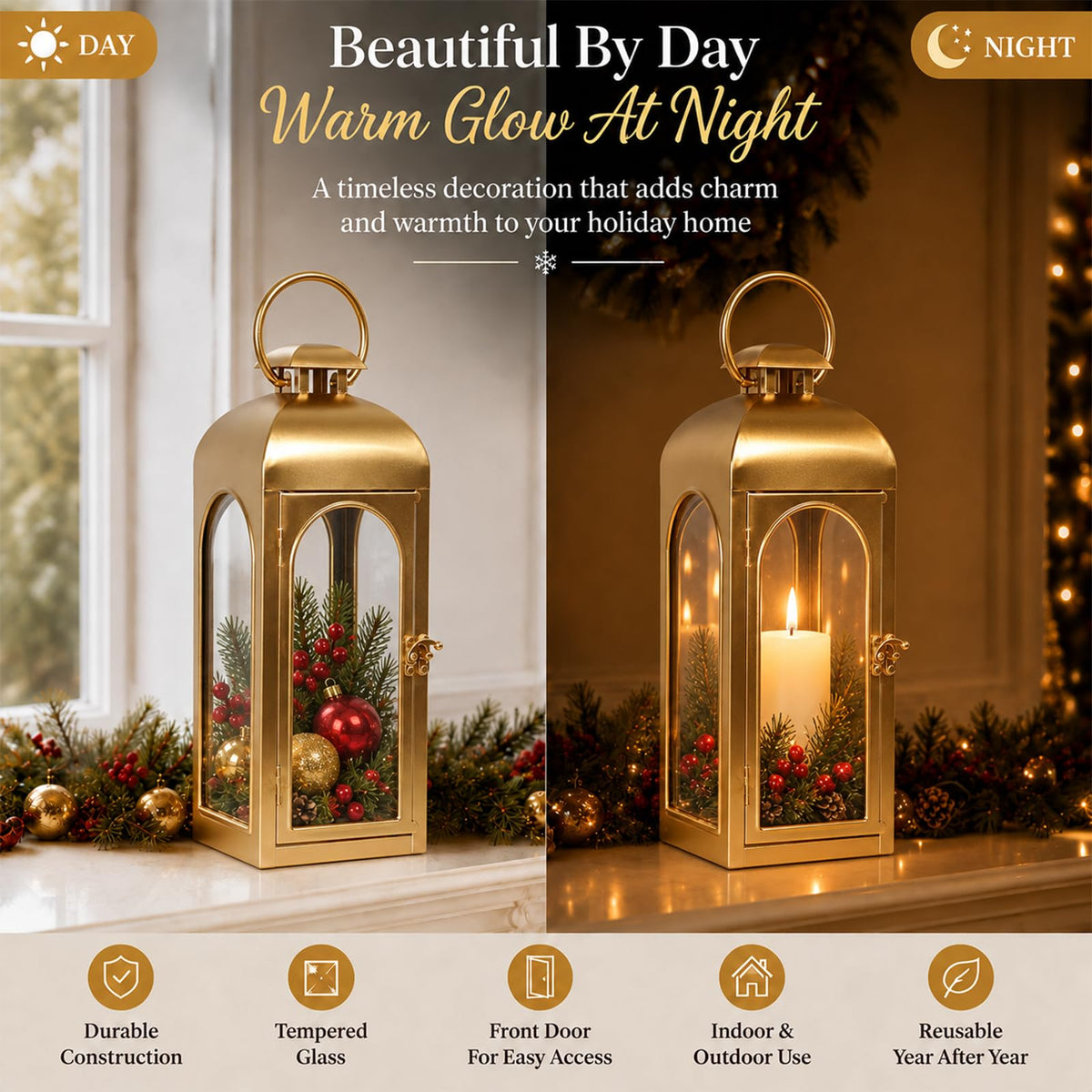 Christmas Decorative Lanterns Gold Metal Candle Holders 16 Inch 2 Pack