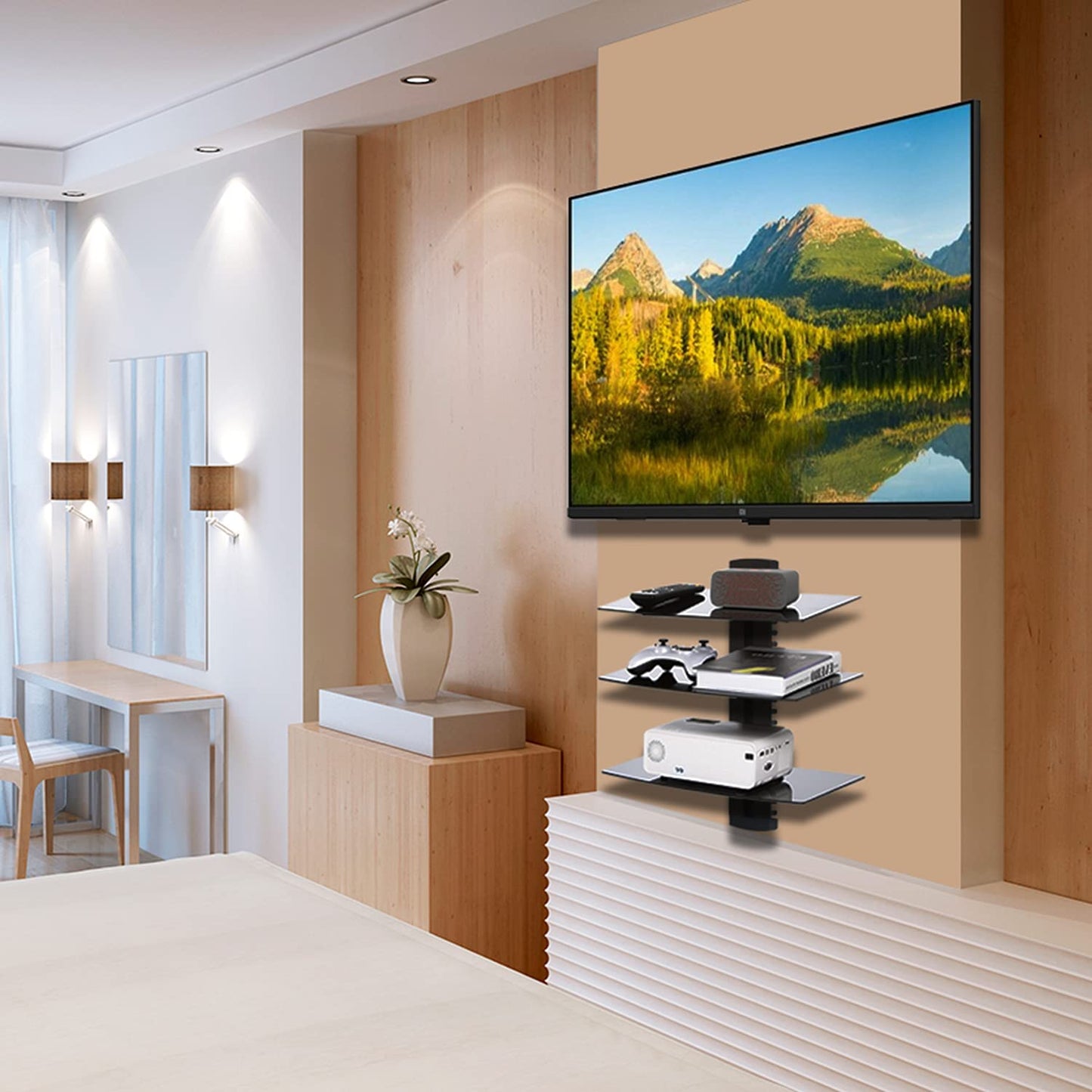 WALI 3 Tier Glass Floating TV Wall Shelf for Projector, DVD Players