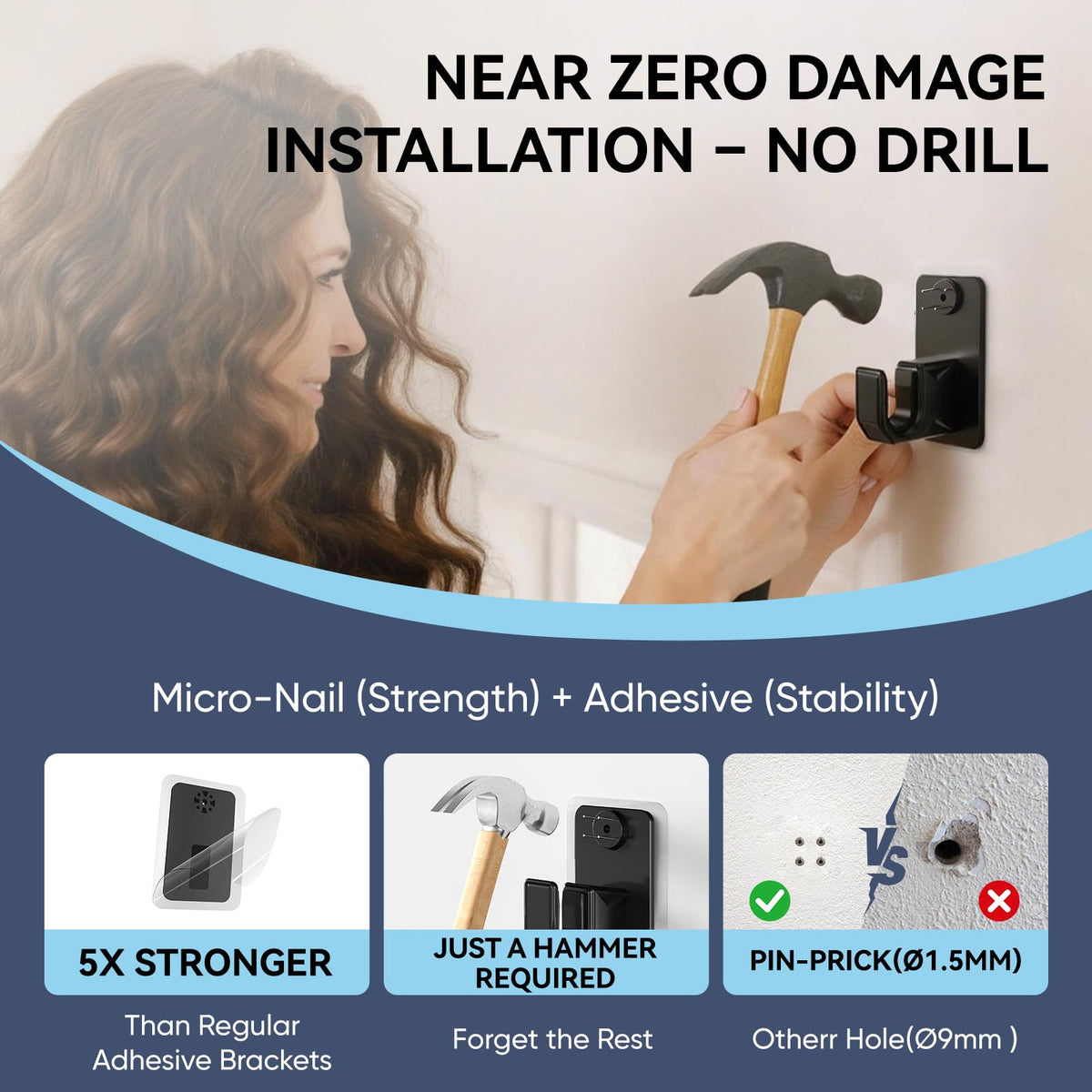 PeSenp 2.0 Upgraded No-Drill Curtain Rod for Windows 48 to 84 inches – Renter-Friendly Adhesive & Pin-Nail Mount, 5/8" Black Adjustable Rod, Minimal Wall Damage