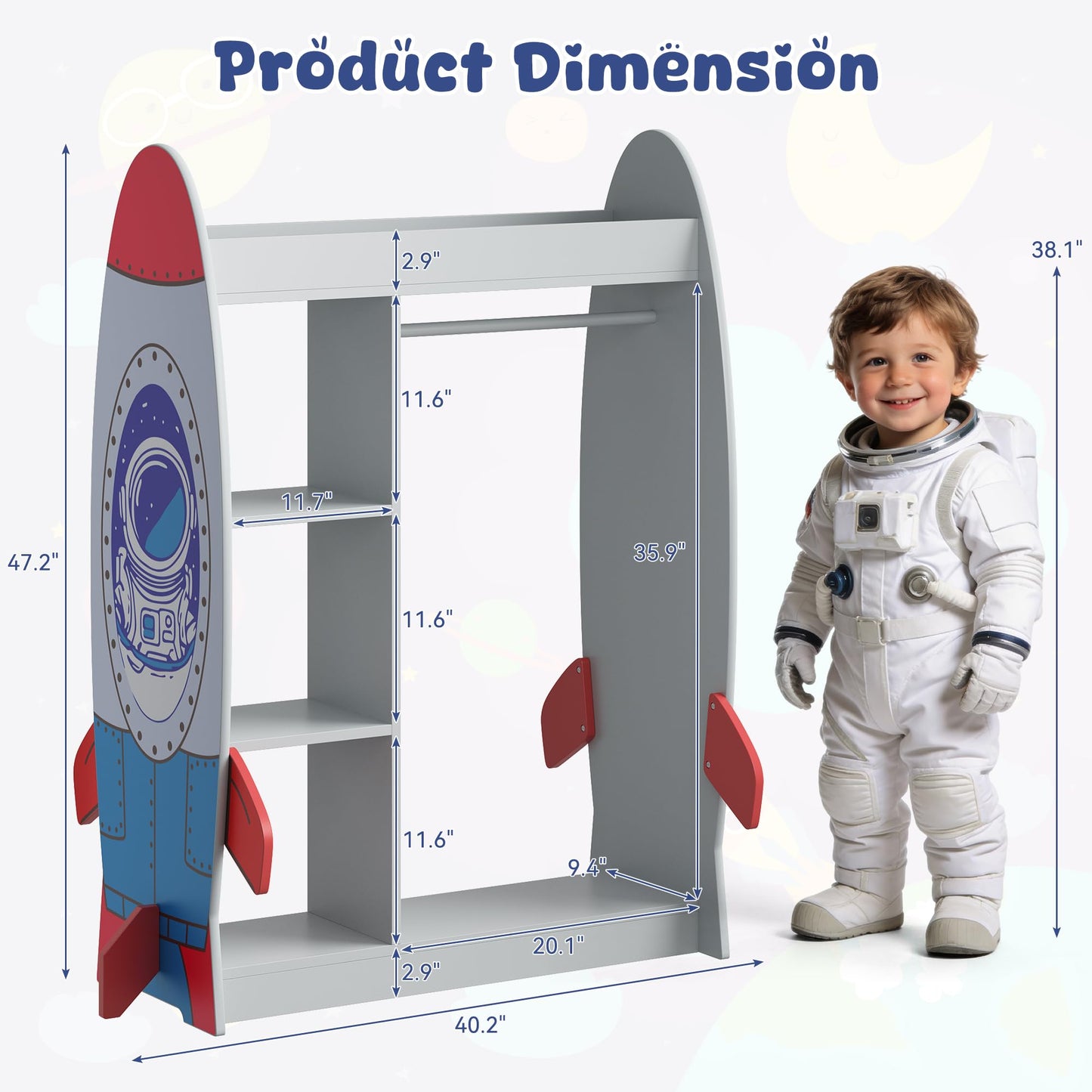 BVIUNTWO Rocket-Themed Kids Dress Up Storage with Mirror, Wooden Costume Organizer for Boys, Toddler Closet Organizers and Storage Armoire with Hanging Rod, Open Clothes Rack for Playroom & Bedroom