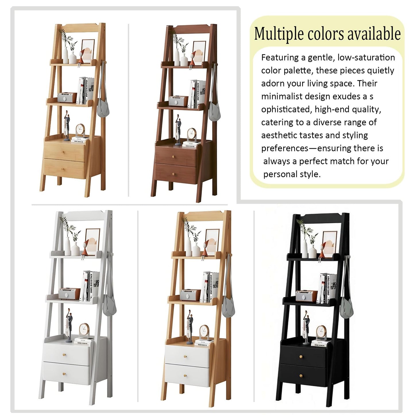 YKHTBDL Solid Ladder Bookshelf with Storage, Modern Wooden Display Shelf, Tall Narrow Plant Stand with Drawers for Living Room, Bedroom & Home Office Black B (23.62''L× 14.17''W×55.11''H)