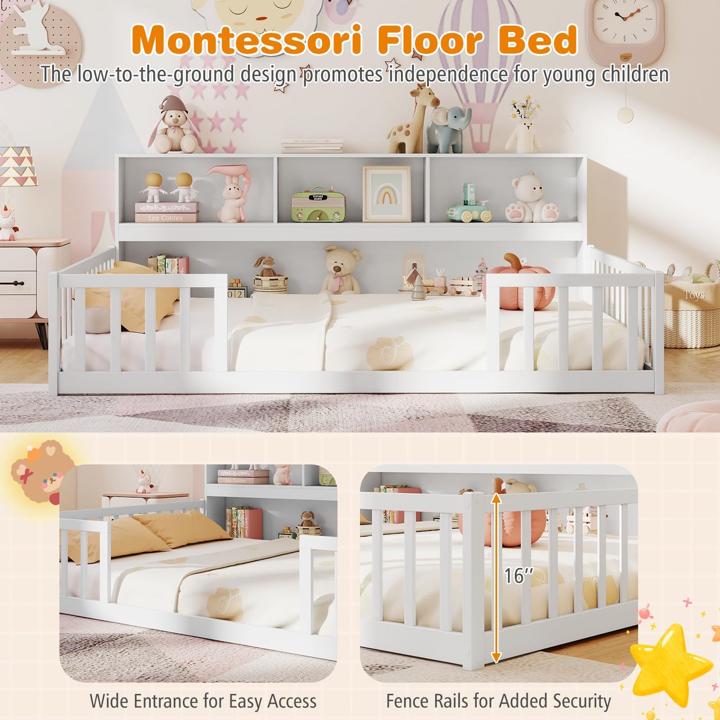 Giantex Full Size Floor Bed for Kids, Wooden Montessori Bed Frame with Bookcase, Storage Shelves & Safety Fence Rails, Floor Beds Full for Girls, Boys, No Box Spring Needed, Without Slats, White