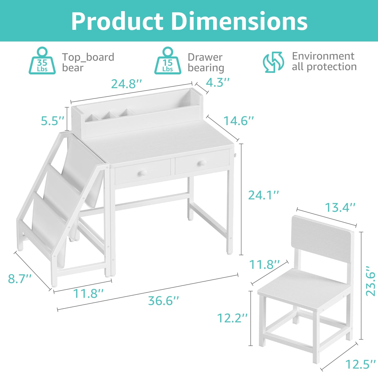 MomZi White Kids Desk and Chair Set for 5-8 Year Old Girls Boys, Small Child Desk with Bookshelf, Children Study Table with Fabric Drawer and Storage