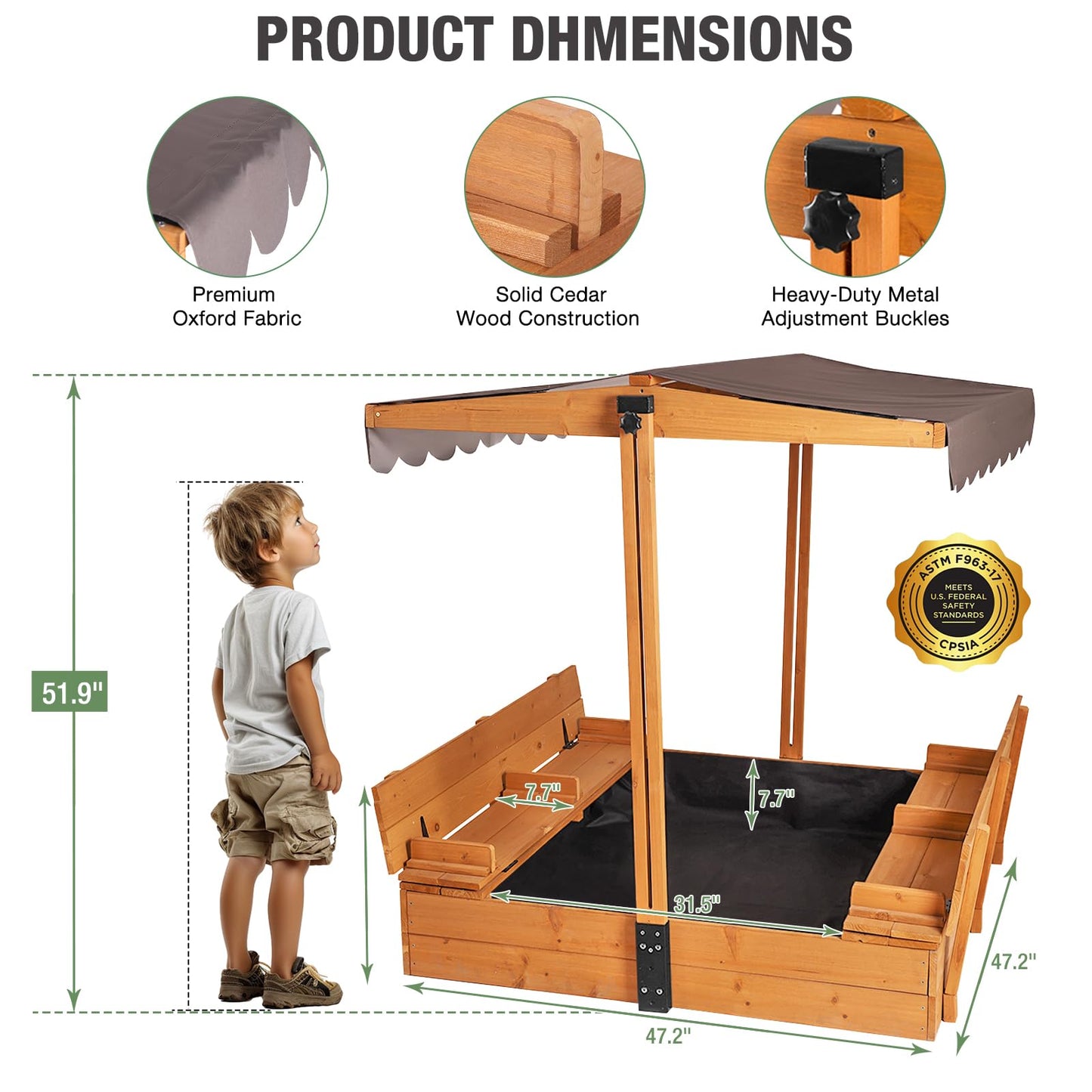 Gutinneen 47" Wooden Sandbox for Kids, Outdoor Sandbox with Adjustable Canopy & Retractable Cover, 2 Foldable Bench Seats with Backrest, UV-Resistant, Solid Wood with Sand Liner for Backyard