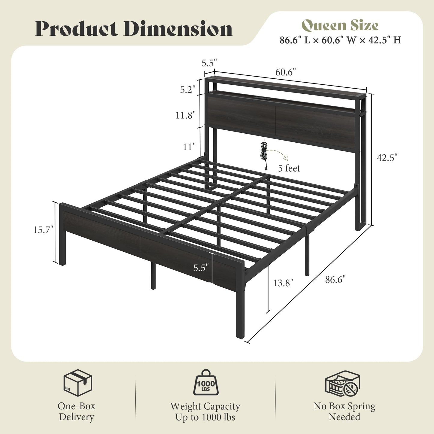 AMERLIFE Queen Size Bed Frame with Storage Headboard & Charging Station, Industrial Metal Platform Bed with Large Under-Bed Storage, Heavy Duty Slats, No Box Spring Needed, Black