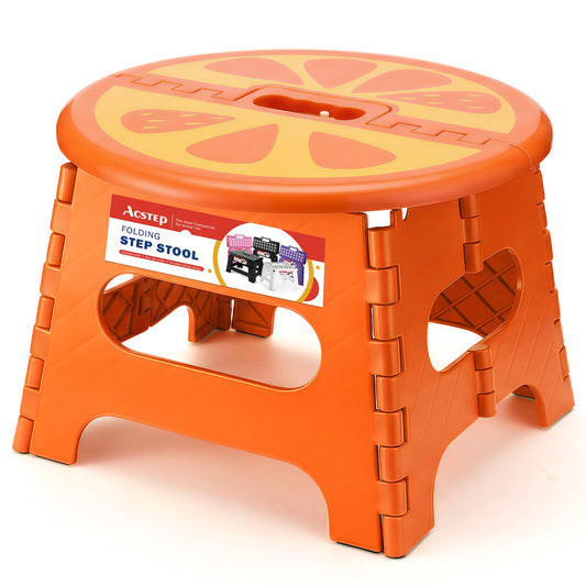 ACSTEP Folding Step Stool 9 Inch, Sturdy Collapsible Step Stool Foldable Up to 265 lbs for Kids Toddlers & Adults, Non Slip Foot Stools with Handle for Kitchen, Bathroom, Bedroom, Outdoor, Orange