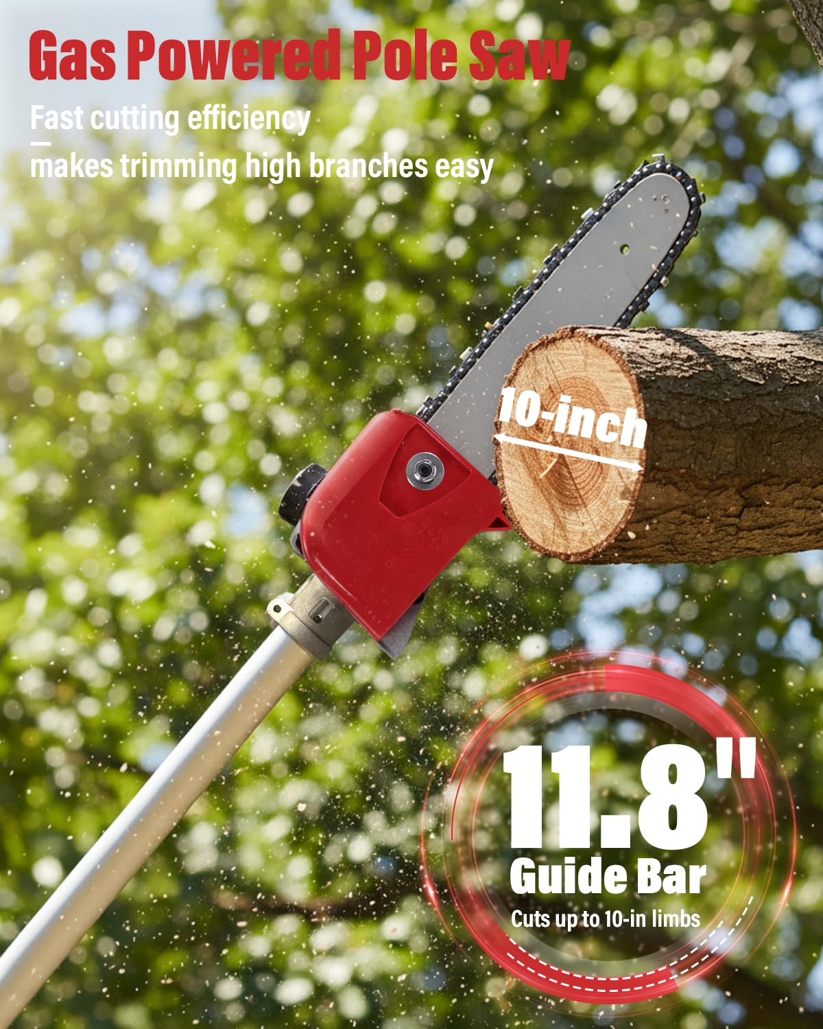 EIDOWA 48CC Gas Powered Pole Saw 16FT Reach, 3.5HP Gas Pole Saws for Tree Trimming with 11.8" Bar, Professional Gas Powered Chainsaw for Tall Trees, Safe Limb Pruner (Red)