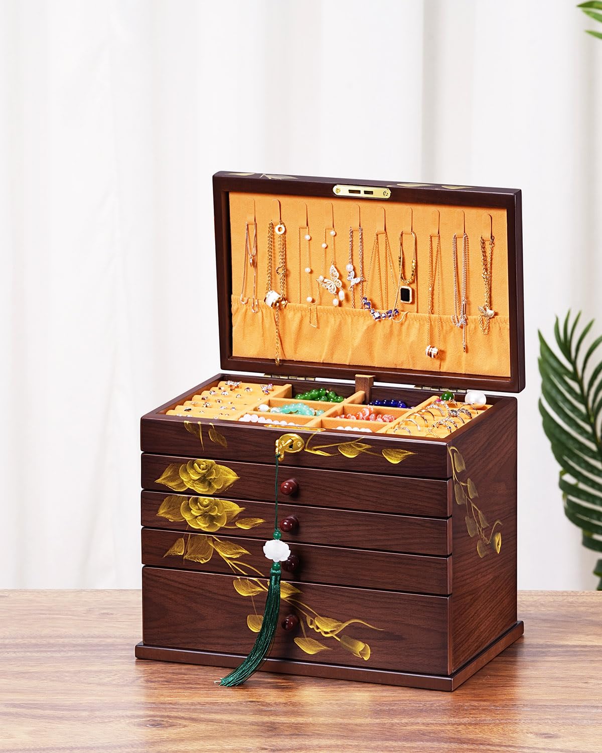 Painted Wooden Jewelry Box for Women, 6-Layer Vintage Organizer with Lock