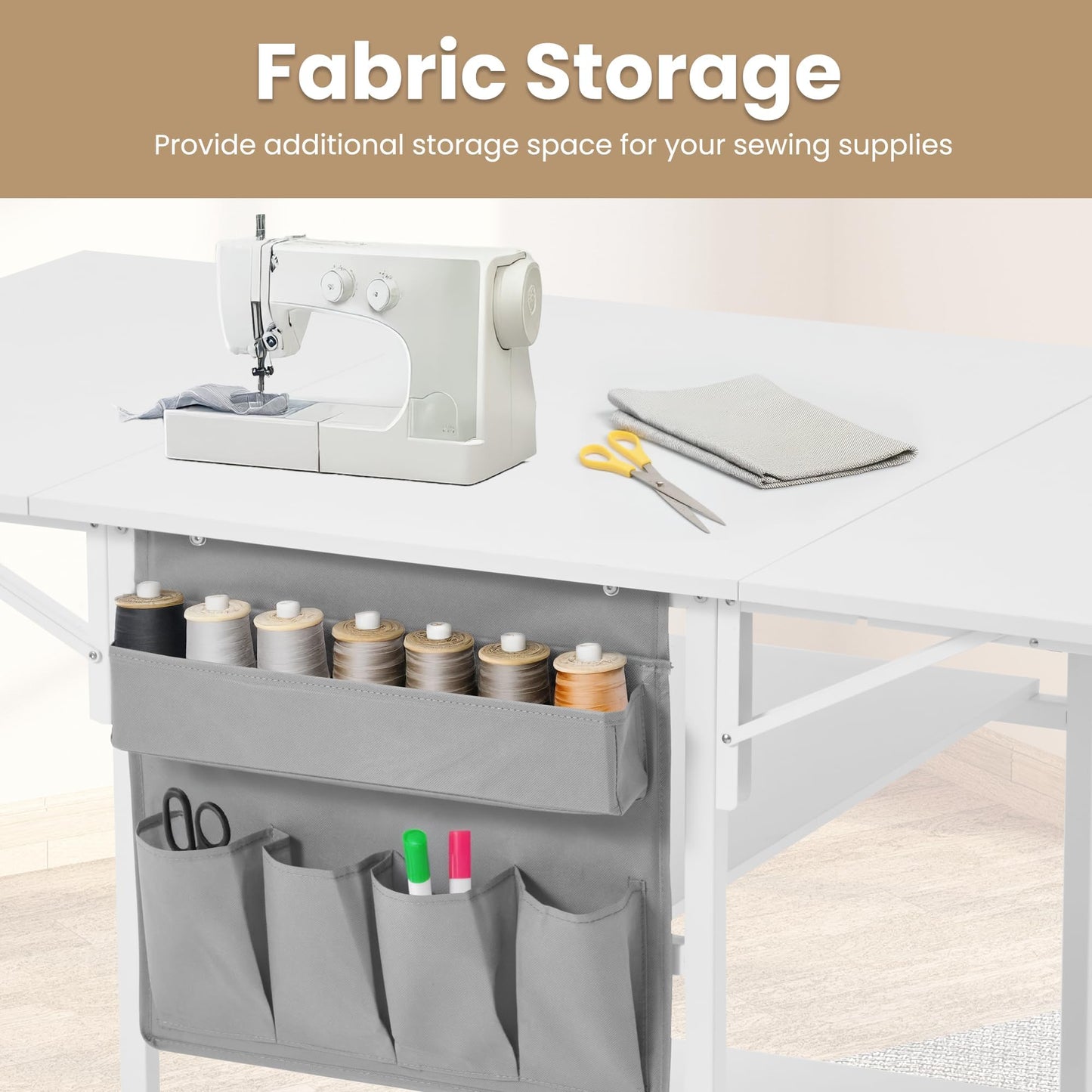 EROMMY Home Hobby Sewing Table with Storage Shelves and Storage Bag, Mobile Folding Cutting Table for Large Fabric, Foldable Desk for Home Office Sewing Room Craft Room, Fixed Height 36in