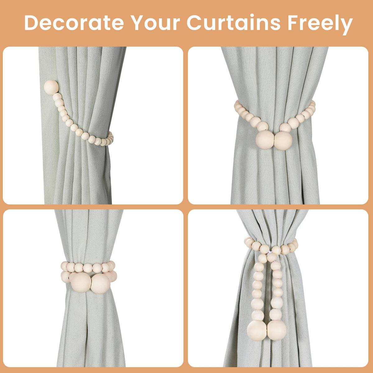 KLOGTSIND Magnetic Curtain Tiebacks, 2 Pack Wood Bead Curtain Holdbacks