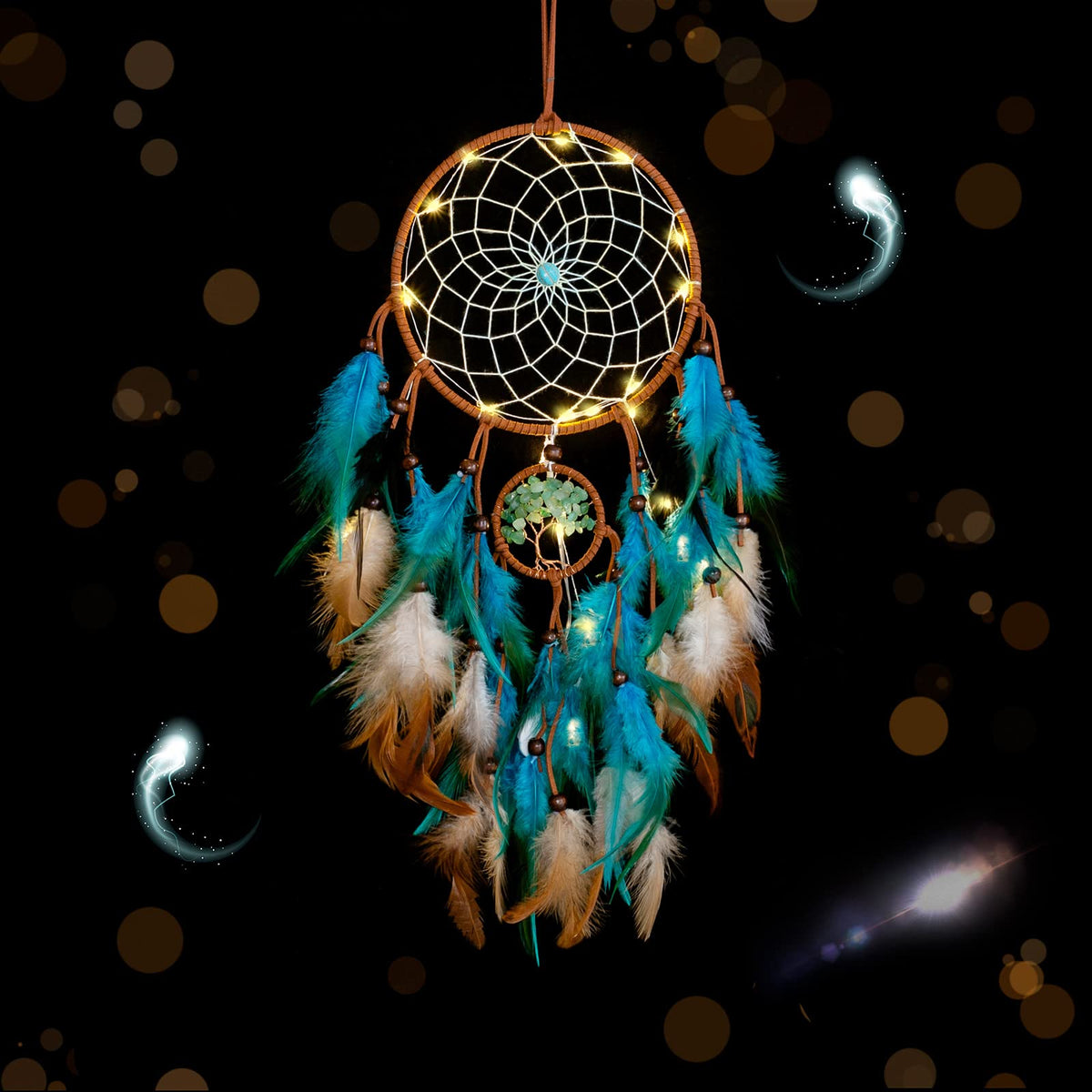 Dream Catcher Tree of Life with Feathers, Mobile LED Fairy Lights
