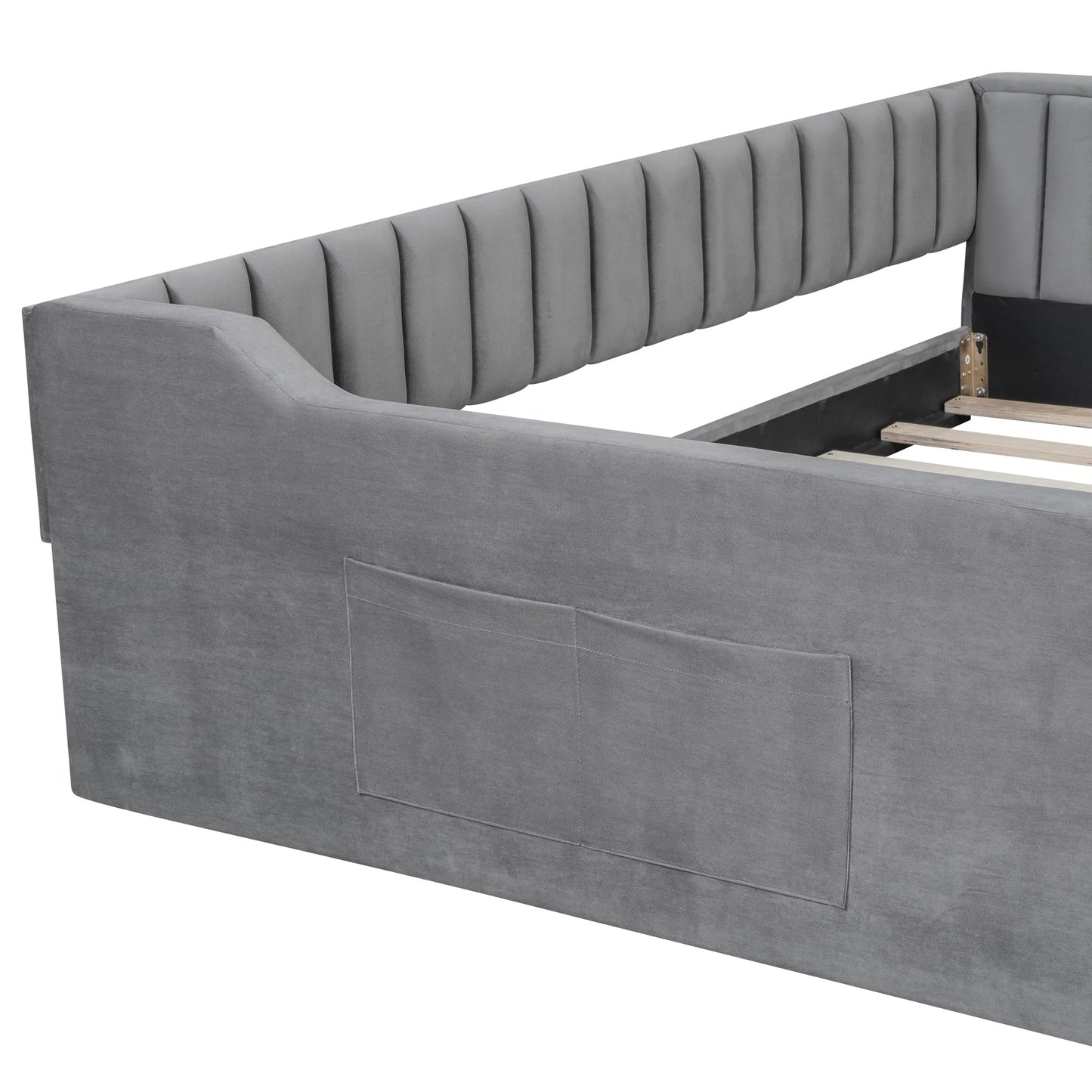Ball & Cast Full XL Size Daybed, Upholstery Day Bed Frame with Channel Tufted Backrest and Armrest, Floor Bed with Side Pockets,Solid Wood Slat Support, No Box Spring Needed,Gray