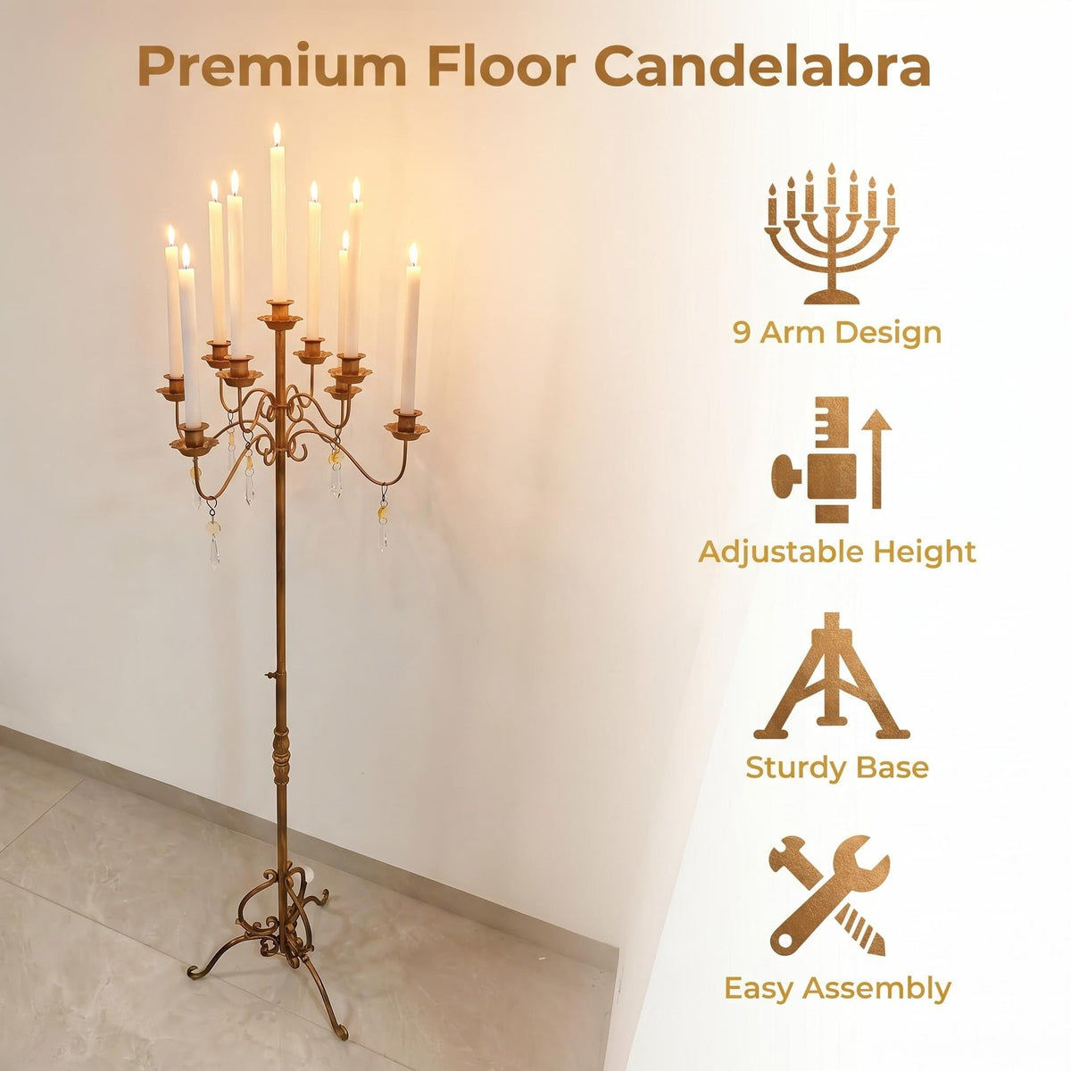 BSTWISH 9-Arm Floor Candelabra, Adjustable Bronze Candle Holder
