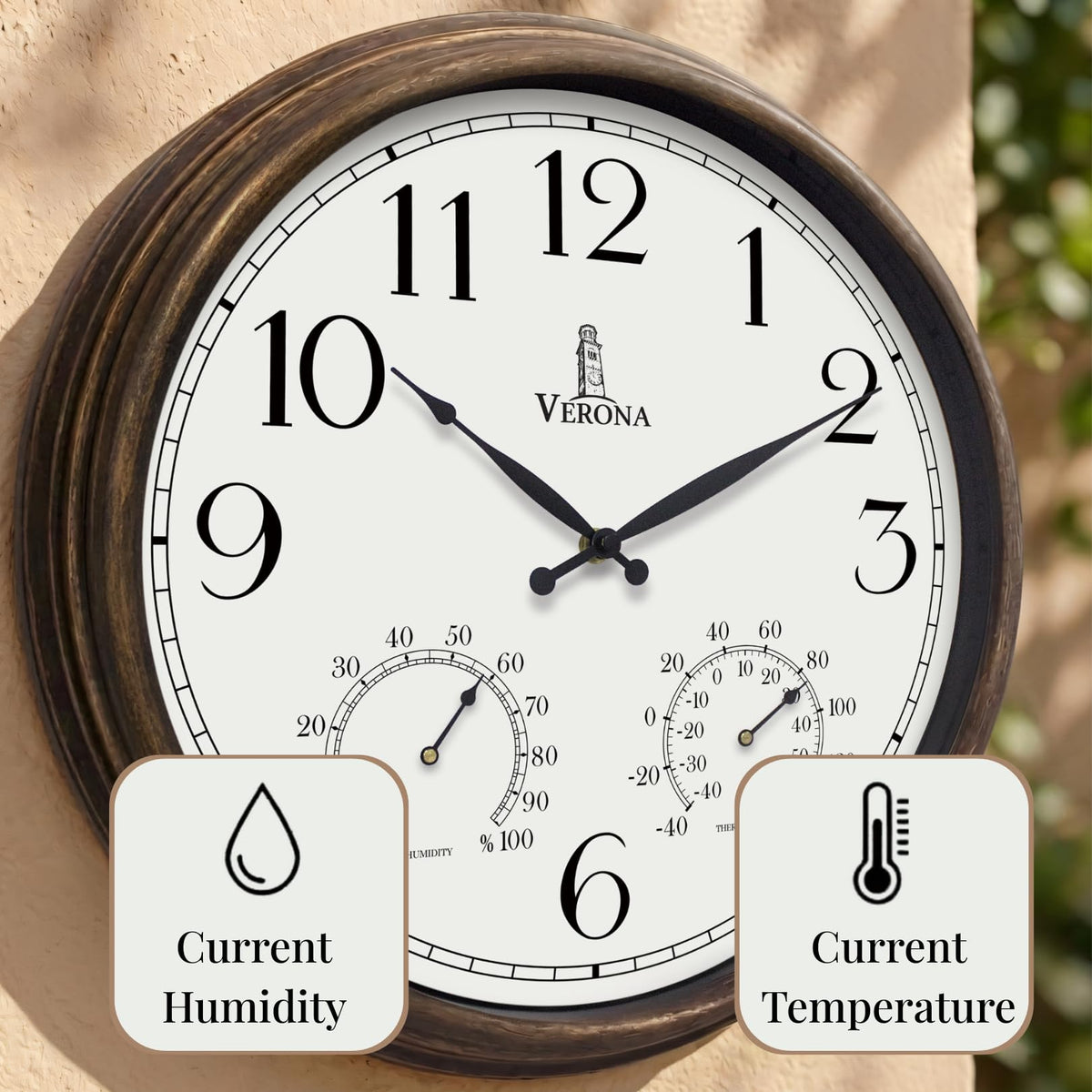 Large Outdoor Patio Clock - Waterproof Thermometer Combo, 24 Inch, Bronze