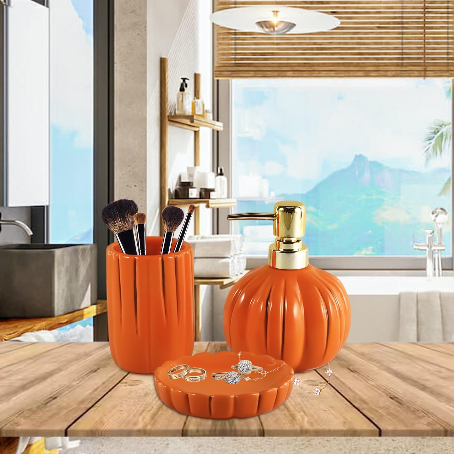 Halloween Pumpkin Bathroom Accessories Set, Orange Bathroom Fall Decor, 3PC Ceramic Bathroom Sets Complete, Toothbrush Holders, Soap Dispenser, Soap Dish, Bathroom Organizer for Countertop