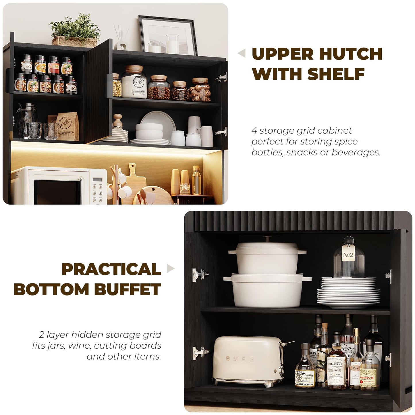 Aauro Home 69" Kitchen Pantry with Fridge (Fridge Included), Fluted Coffee Bar Cabinet with LED Lights & Outlets, Tall Wine Bar Cabinet with Drawer & Storage Hutch for Living Room, Dining Room, Black