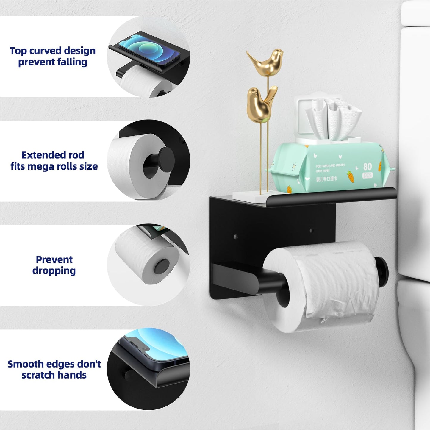 GLNLQ Matte Black Toilet Paper Holder with Shelf, Fits Mega Rolls, Rustproof Stainless Steel, Self Adhesive Wall Mount Toilet Paper Roll Holder, for Bathroom, Washroom, Kitchen, RV