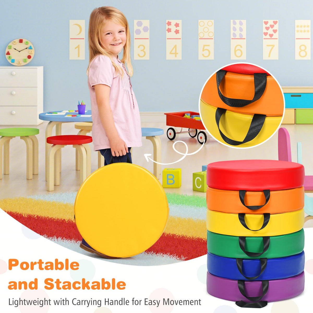 DORTALA 6 PCS Flexible Seating Floor Cushions, PU + EPE Portable Classroom Cushion w/Handles, Stackable Seating Cushions for Classroom, Daycare, Preschool (Rainbow, Round)